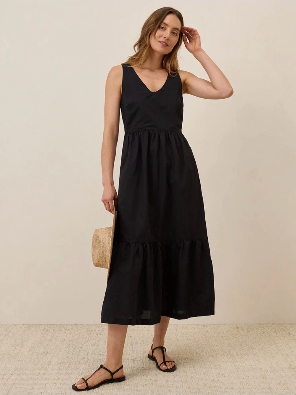 Pact Women's Canopy Linen & Organic Cotton Easy Tank Tiered Maxi Dress M Black